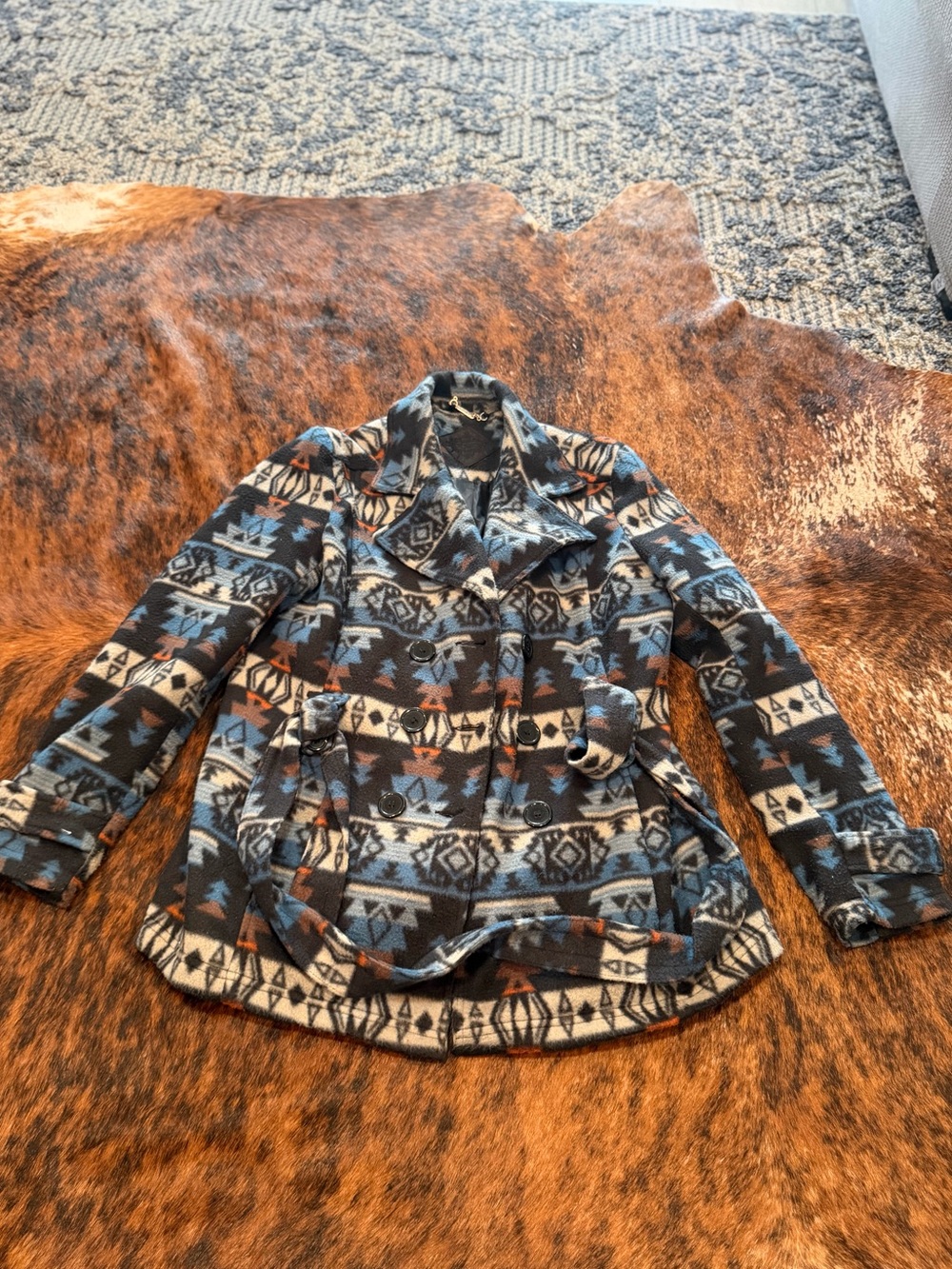 Joujou Aztec Geometric Boho Fleece Jacket Peacoat Belt Women's Size XL